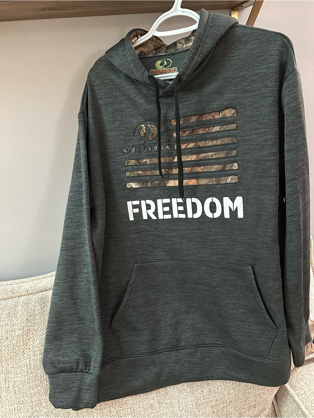 Mossy Oak Men's Dark Gray Hoodie with Camo Flag and White 'FREEDOM' Print